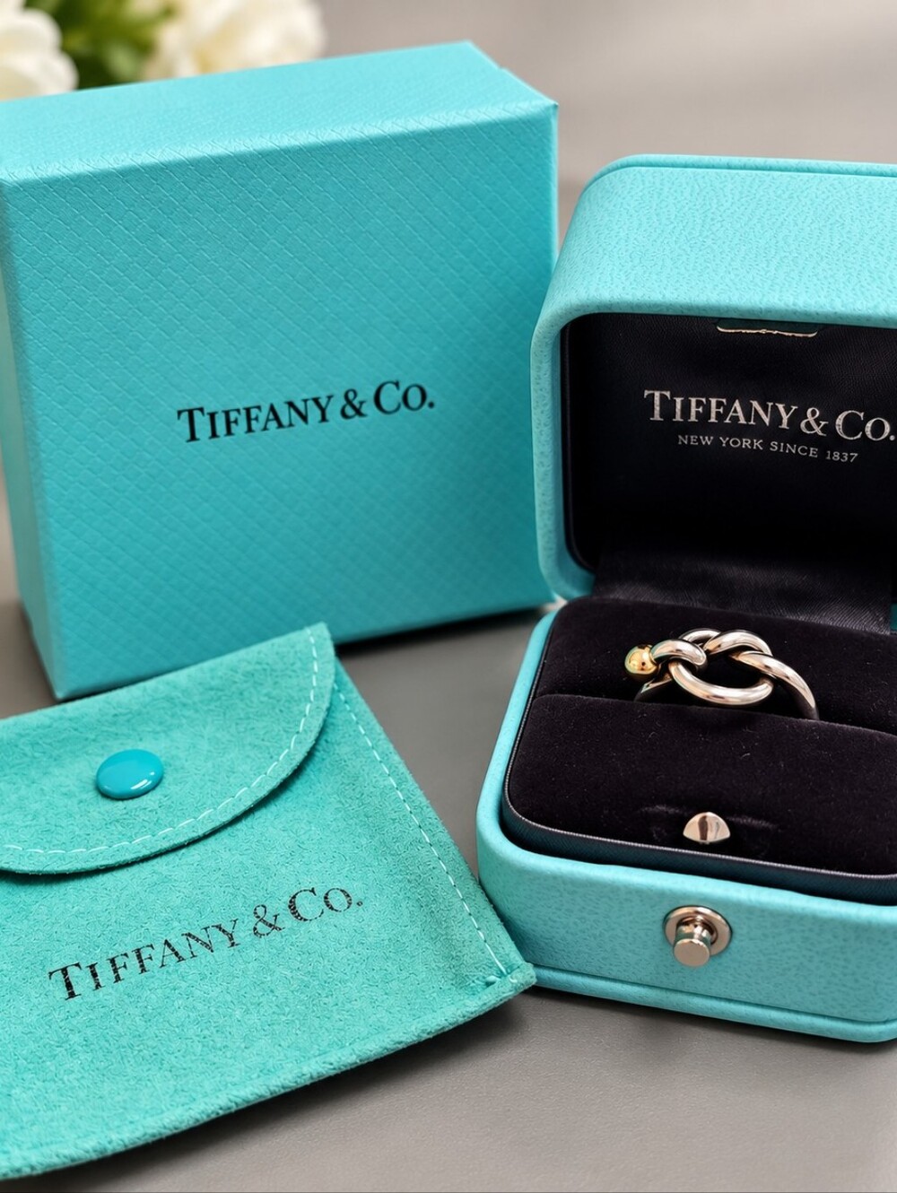 Tiffany & Co. Sterling Silver & 18K Gold Love Knot Ring Size 5.5 Full Inclusion